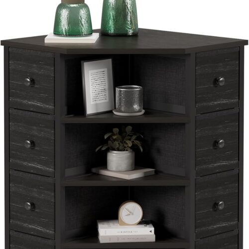 8 Drawers Corner Dresser with Storage Fabric Drawers and Open Shelves for Small Space，Bedroom，Entryway，Living Room (Black Wood Veins)