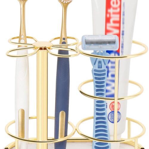 Toothbrush Holder Stand for Bathroom, Metal Toothbrush Organizer with Marble Base, Toothbrush Storage Collection for Family, Suitable for Home Hotel Countertop Vanity (Medium, Gold)