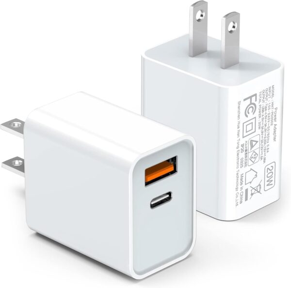 USB C Wall Charger Block 20W, 2-Pack Dual Port PD Power Delivery Fast Type C Charging Block Plug Compatible with iPhone 11/12/13/14/15/16/17 Pro Max, XS/XR/X, Ipad Pro, Samsung Galaxy 1