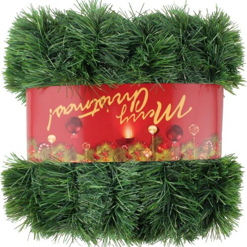 50FT Green Christmas Garland Decorations, Christmas Artificial Pine Greenery Garland Outdoor Indoor Decor, Straight Faux PVC Soft Garland for Stairs Railing Fireplace Window Mantle Home Party Decor