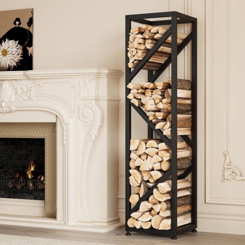 Firewood Rack Indoor 47 Inch Tall, 4-Tier Heavy-Duty Firewood Holder for Fireplace with Minimalist Style, Decorative Log Rack, Flexible Storage, Space-Saving, Easy Assembly, Black