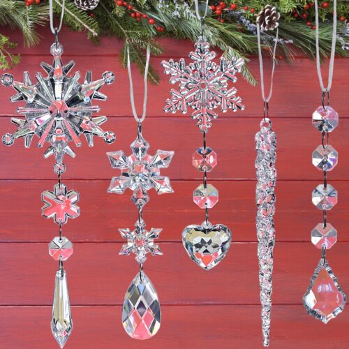 21pcs Crystal Christmas Ornaments for Christmas Tree Decorations, Hanging Crystals Acrylic Snowflake Icicle Ornaments Set w/Drop Pendants for Winter Wonderland, Holiday Home Decor Party Supplies