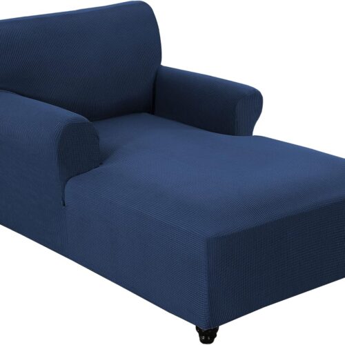 Chaise Lounge Cover Stretch Chair Lattice Slipcover with Armrests for Living Room Bedroom Double Arm Soft Jacquard Fabric Machine Washable, Navy