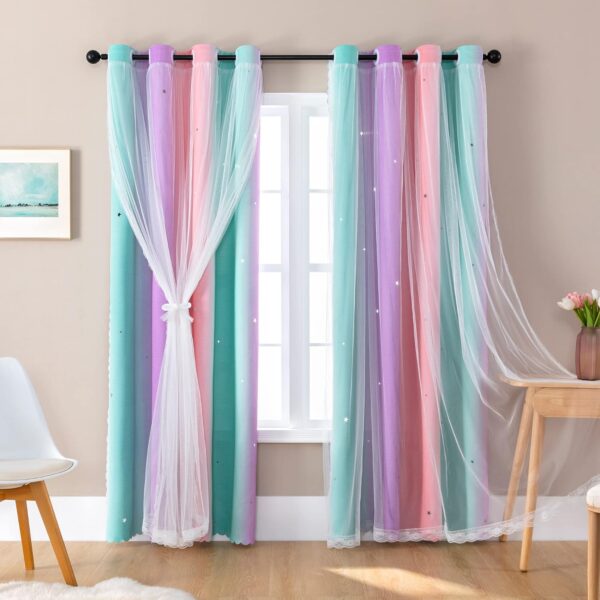 Curtains for Girls Bedroom Decor, Rainbow Blackout Curtains for Kids/Little Girl Room Decor, Unicorn Wall Decals,Pink Purple Green,63 x 34 inches,1 Panel 1