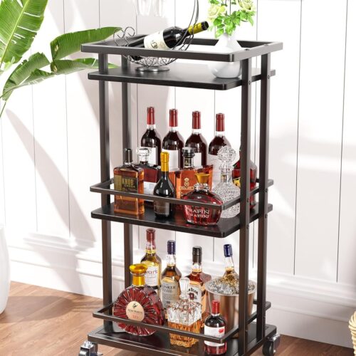 3 Tier Bar Cart for Home, Rolling Mini Liquor Bar for Wine Beverage Dinner Party, Utility Kitchen Storage Island Serving Cart on Wheels, Coffee Bar Cabinet for Kitchen Dining Living Room, Black