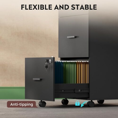 3 Drawer Rolling File Cabinet with Lock, Wood Filing Cabinet fits Letter / A4 Size for Home Office, Black