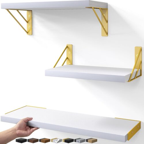 Wall Shelves for Bedroom Decor, Floating Wall Shelves for Living Room Kitchen Storage, Wall Mounted Rustic Wood Shelves for Kids Books,Corner Shelves for Bathroom(White and Gold，Set of 3)