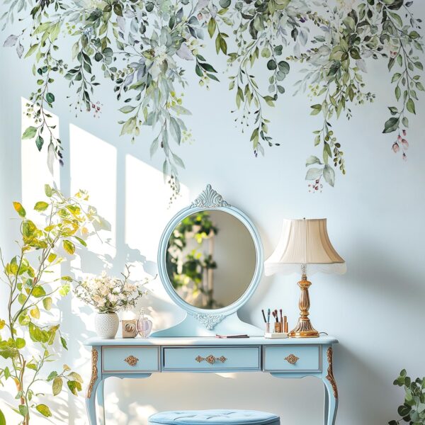 Green Plants Leaves Wall Decals Peel and Stick, Large Floral Flowers Wall Stickers, Removable Vine Home Decor Art for Bedroom Living Room Classroom Office 1