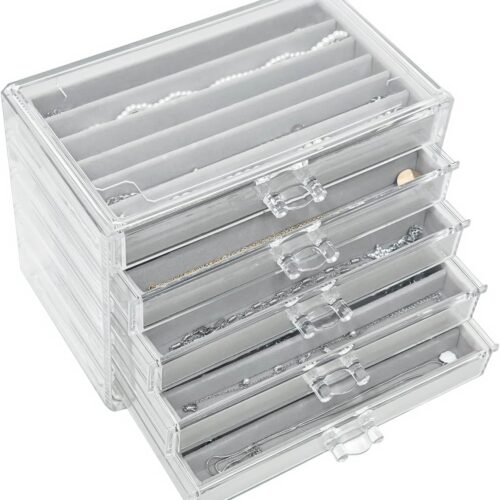 Necklace Organizer Box 5 Drawers Necklace Holder Organzer with 30 Compartments Velvet Necklaces Display Case with Lid Acrylic Jewelry Organizer for Necklace Pendant Chains (Grey)