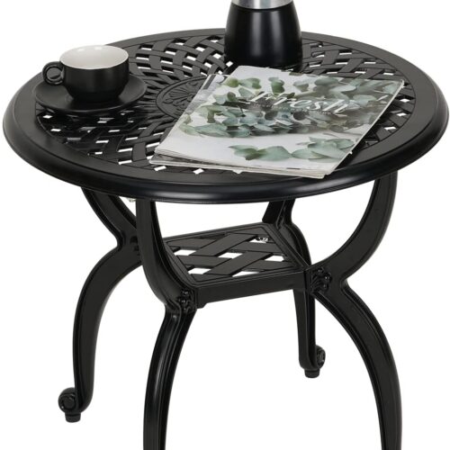 Cast Aluminum Side/End Table, Anti-Rust Coffee Bistro Table for Outdoor, Patio, Indoor, Garden, Porch, Balcony (Round Black)