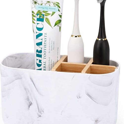 Toothbrush Holders for Bathrooms, 5 Slots Bamboo Toothbrush Holder Kids Electric Toothbrush Holder and Toothpaste Holder for Bathroom Countertop Accessories Storage, Marble Toothbrush Organizer