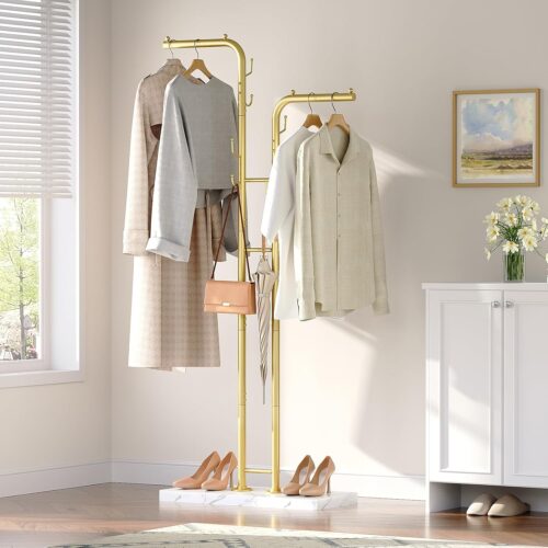 Gold Coat Rack, Freestanding Coat Hanger Stand, Entryway Clothes Rack with 8 Hooks