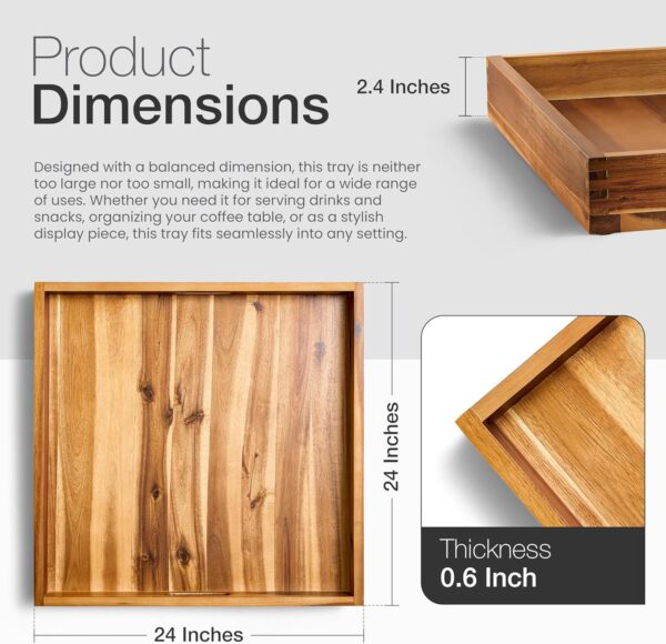 24 Inch Acacia Wood Ottoman Tray - Wooden Square Serving Tray with Handles - Extra Large Food Serving Trays for Decorative, Coffee Table, Breakfast in Bed - Charcuterie Trays Use for Kitchen 2