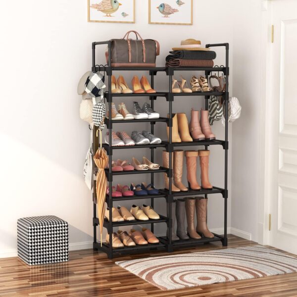 Shoe Rack Organizer, 8-Tier Metal Shoe Rack for Closet Entryway Garage, 26-32 Pairs Tall Shoe Boot Storage Shelf with 15 Hooks, Stackable Large Shoe Stand 2