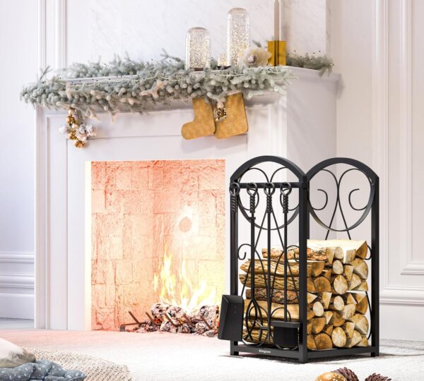 Firewood Rack Indoor Wood Holders Fireplace Tool Rack Outdoor Log Holder Rack Lumber Storage Stacking Fireplace Tools Set Wood Stove Accessories Black 4