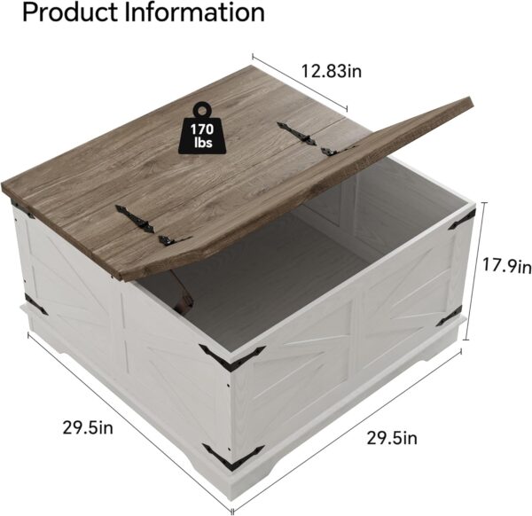 Heavy-Duty Coffee Table with Storage, Square Wood Center Table Set for Living Room with Pull Up Large Hidden Storage Compartment, Maple White 4