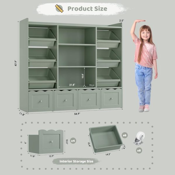 55" W Kids Toy Storage Organizer, Large Toy Box with Bookshelf, Toy Chest with 3 Cubes Storage Organizer, 6 Toy Organizers and Storage Bins, 4 Rolling Drawers for Kids Room, Playroom, Green 4