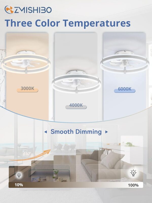 Ceiling Fans with Lights and Remote, 19.7'' Low Profile Ceiling Fan, 3000-6000K Dimmable Modern Flush Mount LED Fan Light, 6 Wind Speeds, White Fandelier Ceiling Fans for Bedroom 3