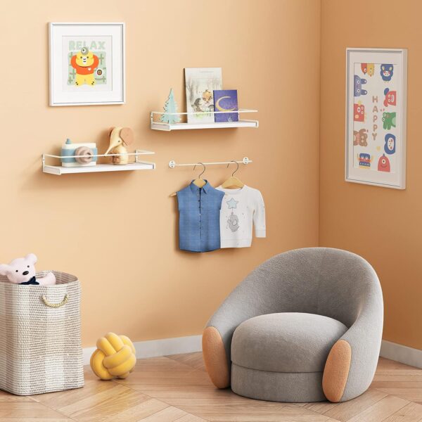 Bathroom Shelves for Wall Set of 2, White Nursery Floating Book Shelves for Kids Room, Small Wall Mount Bookshelf and Toy Storage Organizer for Baby Toddlers Teens Boys Girls Bedroom 4