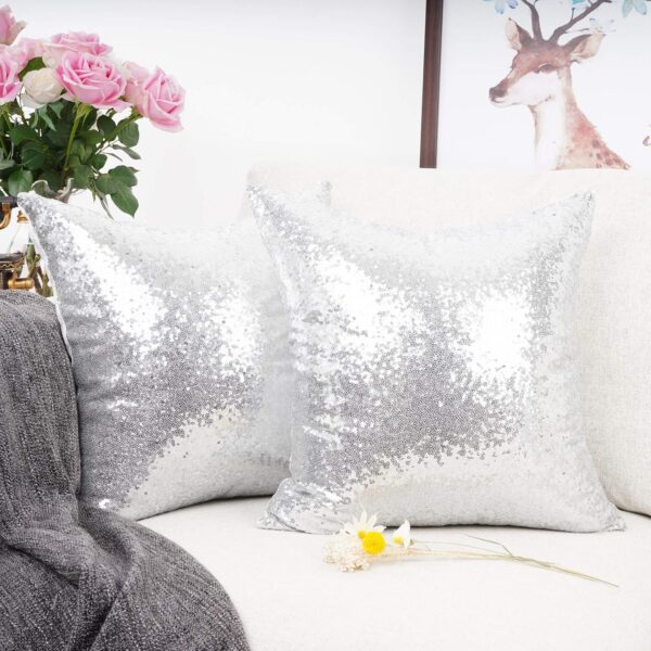Pack of 2, New Luxury Series Silver Decorative Glitzy Sequin & Comfy Satin Solid Throw Pillow Cover Cushion Case for Wedding/Christmas,18" x 18" 4