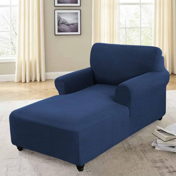 Chaise Lounge Cover Stretch Chair Lattice Slipcover with Armrests for Living Room Bedroom Double Arm Soft Jacquard Fabric Machine Washable, Navy 4