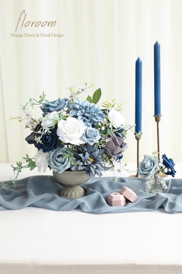 Dusty Blue Navy Artificial Flowers Fake Roses Peonies Dahlias and Greenery Combo Box Set for DIY Wedding Bouquets 4
