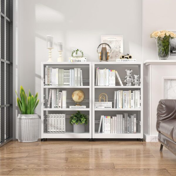Mobile 3 Tier Bookshelf, Metal 3 Shelf Bookcase on Wheels, Heavy Duty Book Shelf for Small Space, Book Case for Home Office, Living Room, School, Assembly Required, White 4