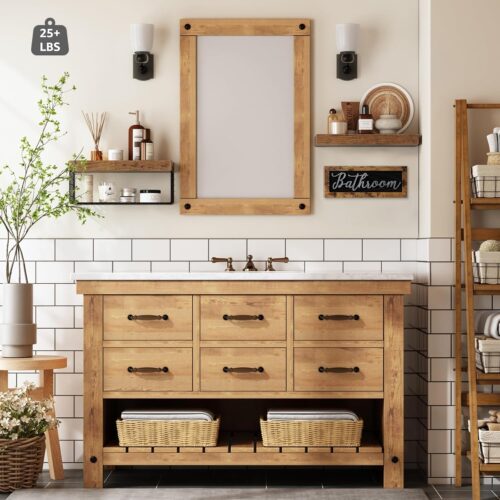 Bathroom Shelves Over Toilet - Paper Storage Wall Mounted Farmhouse Decor Decorations Aesthetic Décor Sign Small Floating Shelf 2+1 Set 16 inch, Rustic Brown