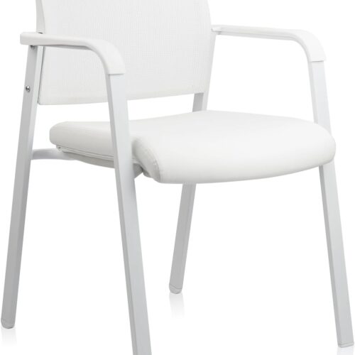 Stacking Office Chairs | Mesh Back, Thicken Leather Seat and Streamline Arms, Ergonomic Lumber Support | Guest Reception, Waiting, Conference, School, Party, Customer, Side, Stationary, White
