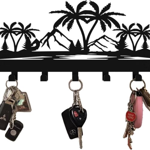 Key Holder for Wall, Metal Key Holder Hooks Organizer Rack, Key Organizer Wall Decorative with 7 Hooks for Entryway, Front Door, Hallway, Bedroom, Office (12 Inches, Coconut Tree)