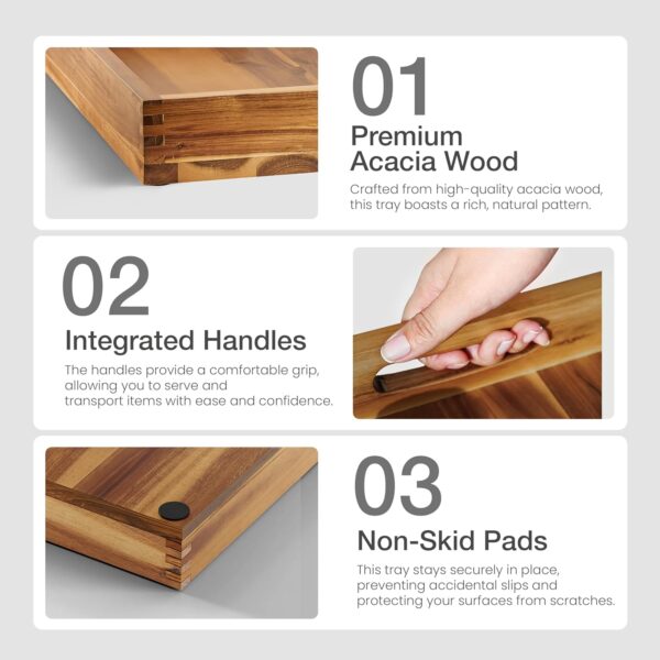 24 Inch Acacia Wood Ottoman Tray - Wooden Square Serving Tray with Handles - Extra Large Food Serving Trays for Decorative, Coffee Table, Breakfast in Bed - Charcuterie Trays Use for Kitchen 4