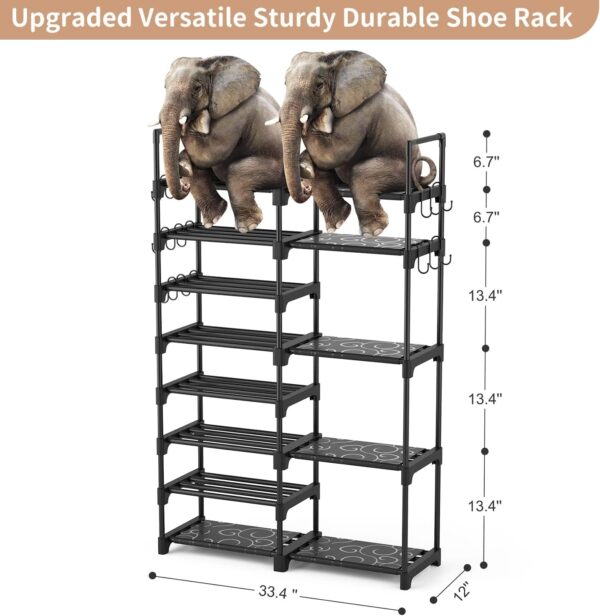 Shoe Rack Organizer, 8-Tier Metal Shoe Rack for Closet Entryway Garage, 26-32 Pairs Tall Shoe Boot Storage Shelf with 15 Hooks, Stackable Large Shoe Stand 4
