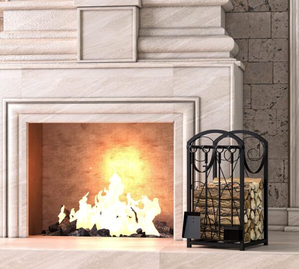 Firewood Rack Indoor Wood Holders Fireplace Tool Rack Outdoor Log Holder Rack Lumber Storage Stacking Fireplace Tools Set Wood Stove Accessories Black 3
