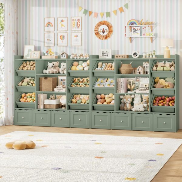 55" W Kids Toy Storage Organizer, Large Toy Box with Bookshelf, Toy Chest with 3 Cubes Storage Organizer, 6 Toy Organizers and Storage Bins, 4 Rolling Drawers for Kids Room, Playroom, Green 3