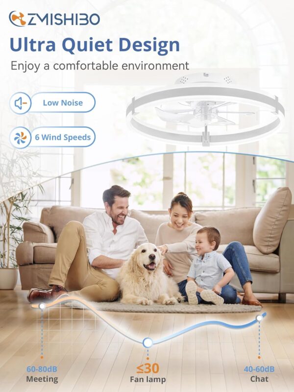 Ceiling Fans with Lights and Remote, 19.7'' Low Profile Ceiling Fan, 3000-6000K Dimmable Modern Flush Mount LED Fan Light, 6 Wind Speeds, White Fandelier Ceiling Fans for Bedroom 2