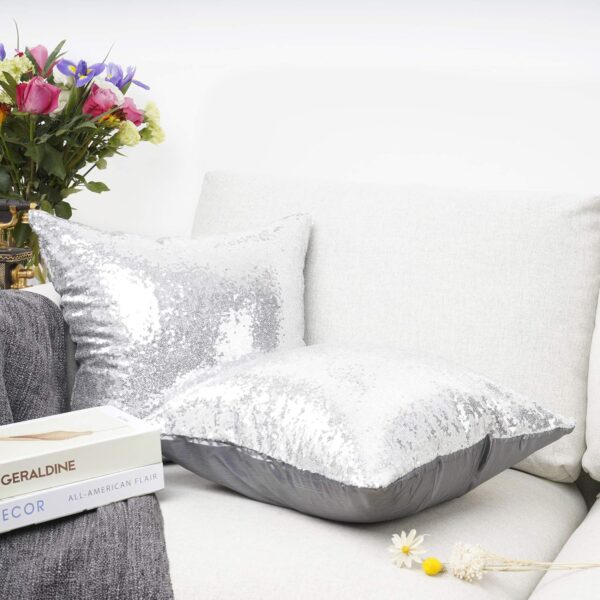 Pack of 2, New Luxury Series Silver Decorative Glitzy Sequin & Comfy Satin Solid Throw Pillow Cover Cushion Case for Wedding/Christmas,18" x 18" 3
