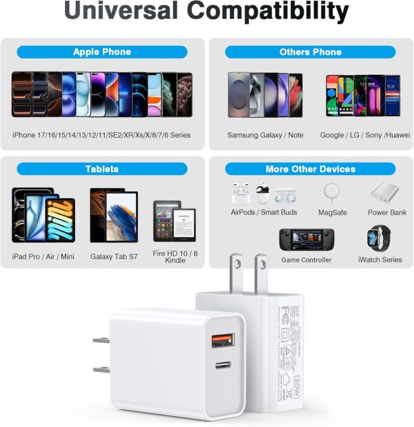 USB C Wall Charger Block 20W, 2-Pack Dual Port PD Power Delivery Fast Type C Charging Block Plug Compatible with iPhone 11/12/13/14/15/16/17 Pro Max, XS/XR/X, Ipad Pro, Samsung Galaxy 3