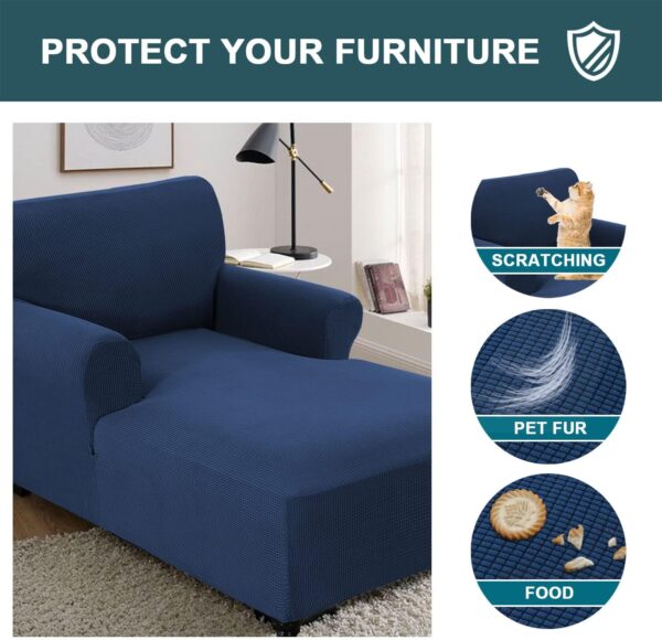Chaise Lounge Cover Stretch Chair Lattice Slipcover with Armrests for Living Room Bedroom Double Arm Soft Jacquard Fabric Machine Washable, Navy 3
