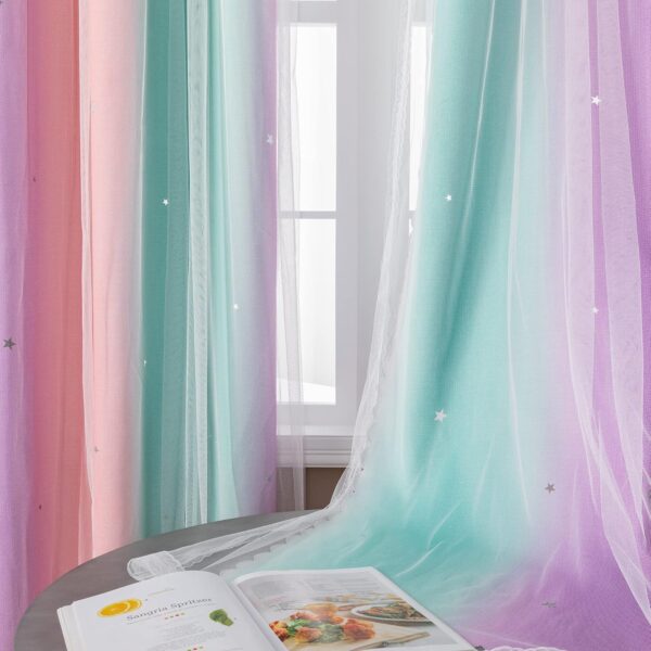 Curtains for Girls Bedroom Decor, Rainbow Blackout Curtains for Kids/Little Girl Room Decor, Unicorn Wall Decals,Pink Purple Green,63 x 34 inches,1 Panel 3