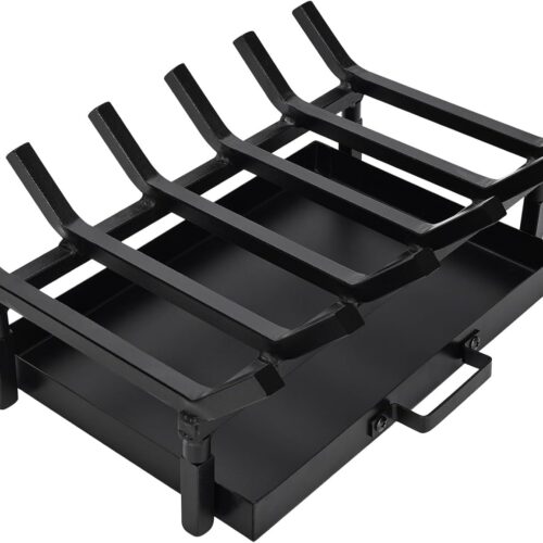 Fireplace Grate 17 Inch with Fireplace Tray Ash Pan,Fireplace Log Holder,Easy-Assembly Fireplace Grates Heavy Duty Cast Iron,Fireplace Tray for Ash Collection with Handle for Indoor Outdoor Firepit