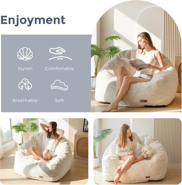 Giant Bean Bag Chair, Oversized Bean Bag Couch for Adults and Kids, Faux Fur Shell-Shaped Large Chair with Filler, Stuffed Big Accent Sofa Lounge Floor Sofa for Gaming, Reading, Beige 3