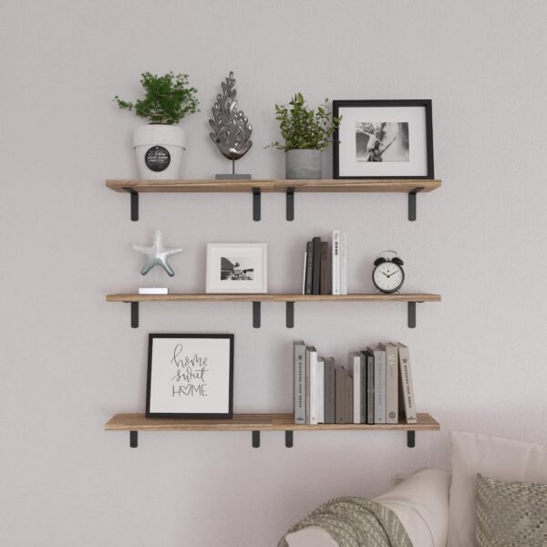 Wood Floating Shelves Set of 6, Shelves for Wall Decor, Farmhouse Shelf for Bedroom, Bathroom Storage Shelves, Book Shelves for Living Room - Rustic Brown 2