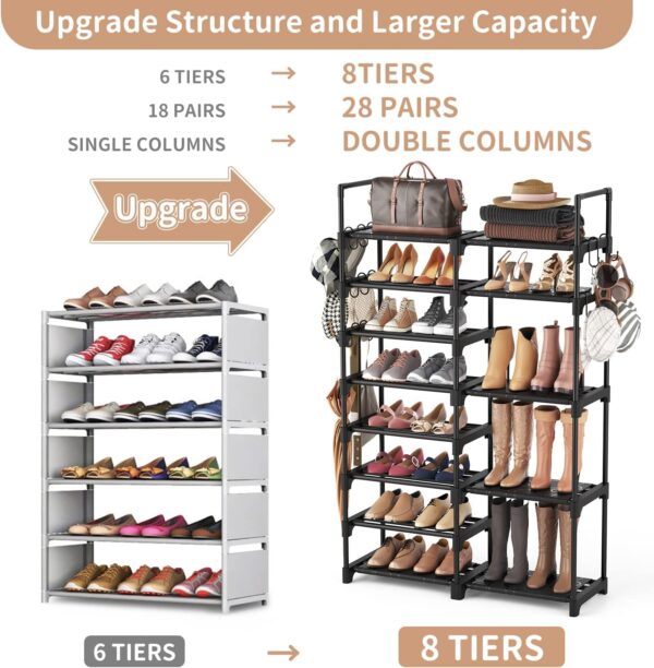 Shoe Rack Organizer, 8-Tier Metal Shoe Rack for Closet Entryway Garage, 26-32 Pairs Tall Shoe Boot Storage Shelf with 15 Hooks, Stackable Large Shoe Stand 3