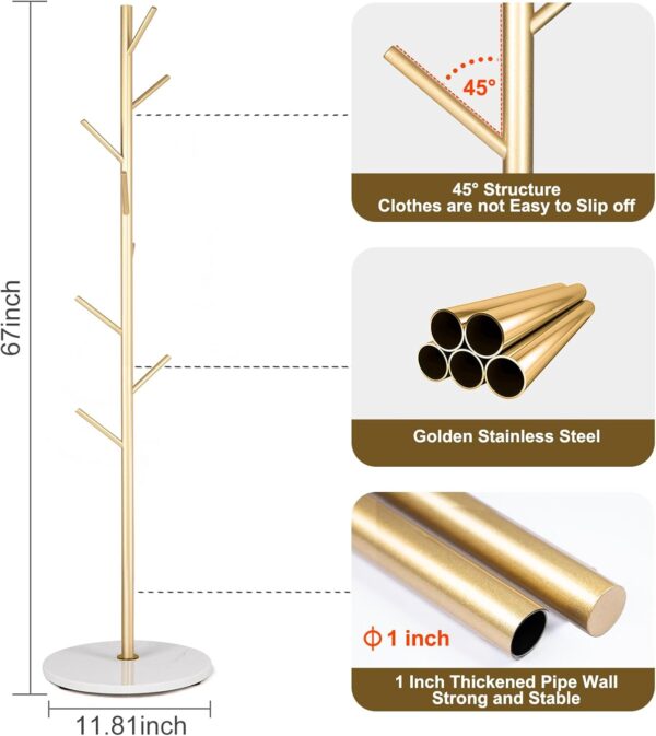 Metal Coat Rack Freestanding, Golden Coat Racks with Heavy Duty Natural Marble Base, Modern Stable Coat Tree Stand with 8 Hooks, Coat Tree Hanger Stand for Bags, Hats, Entryway, Office 2