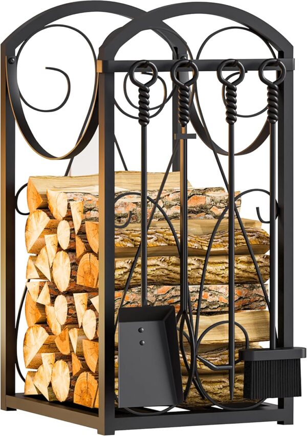 Firewood Rack Indoor Wood Holders Fireplace Tool Rack Outdoor Log Holder Rack Lumber Storage Stacking Fireplace Tools Set Wood Stove Accessories Black 2