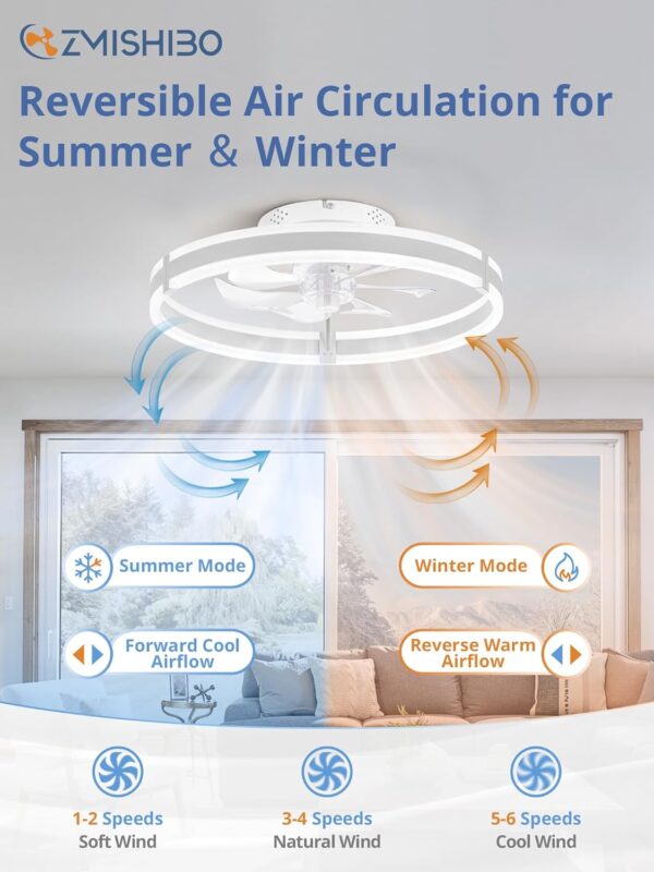 Ceiling Fans with Lights and Remote, 19.7'' Low Profile Ceiling Fan, 3000-6000K Dimmable Modern Flush Mount LED Fan Light, 6 Wind Speeds, White Fandelier Ceiling Fans for Bedroom 4