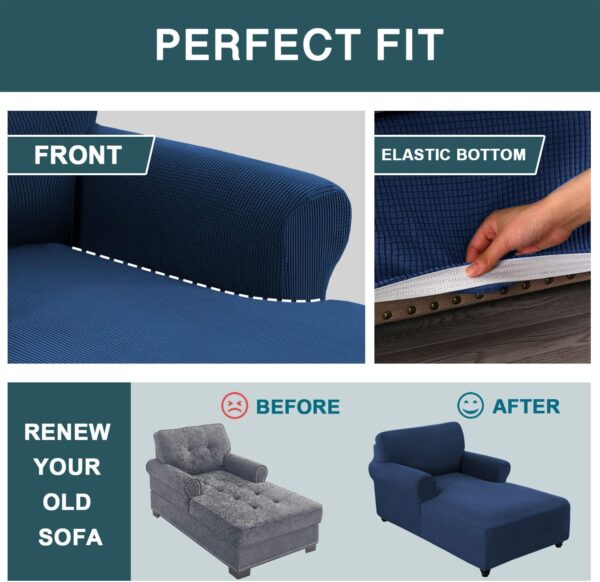 Chaise Lounge Cover Stretch Chair Lattice Slipcover with Armrests for Living Room Bedroom Double Arm Soft Jacquard Fabric Machine Washable, Navy 2