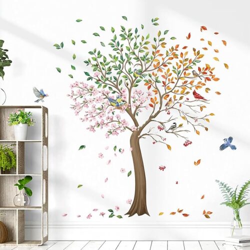 Colorful Large Tree Wall Stickers Tree with Flower Birds Peel and Stick Wall Art Decals for Living Room Bedroom TV Wall (H: 63inch)