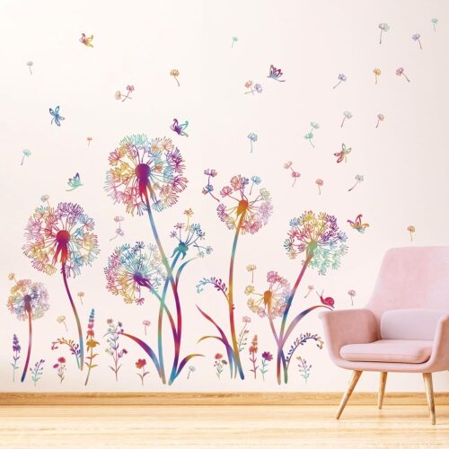 Colorful Blowing Dandelion Wall Decals Flying Flowers Butterflies Floral Peel and Stick Wall Art Stickers for Living Room Girls Bedroom TV Wall