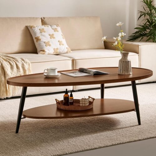Modern Coffee Table for Living Room, Mid-Century Oval Wood Coffee Table, Double Layer Center Table for Small Space, D47xW23.6xH15, Espresso